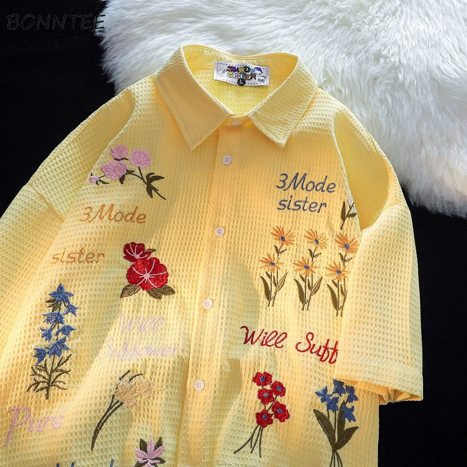 Summer Clothing Holiday - Waffle Çiçek Nakış Gömlek Kadın Gevşek