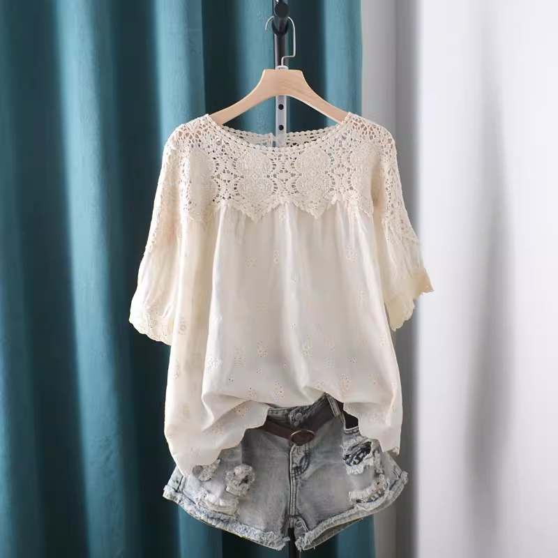 Japan Summer Clothing Women - 2026 Hollow Out Dantel Patchwork Gömlek