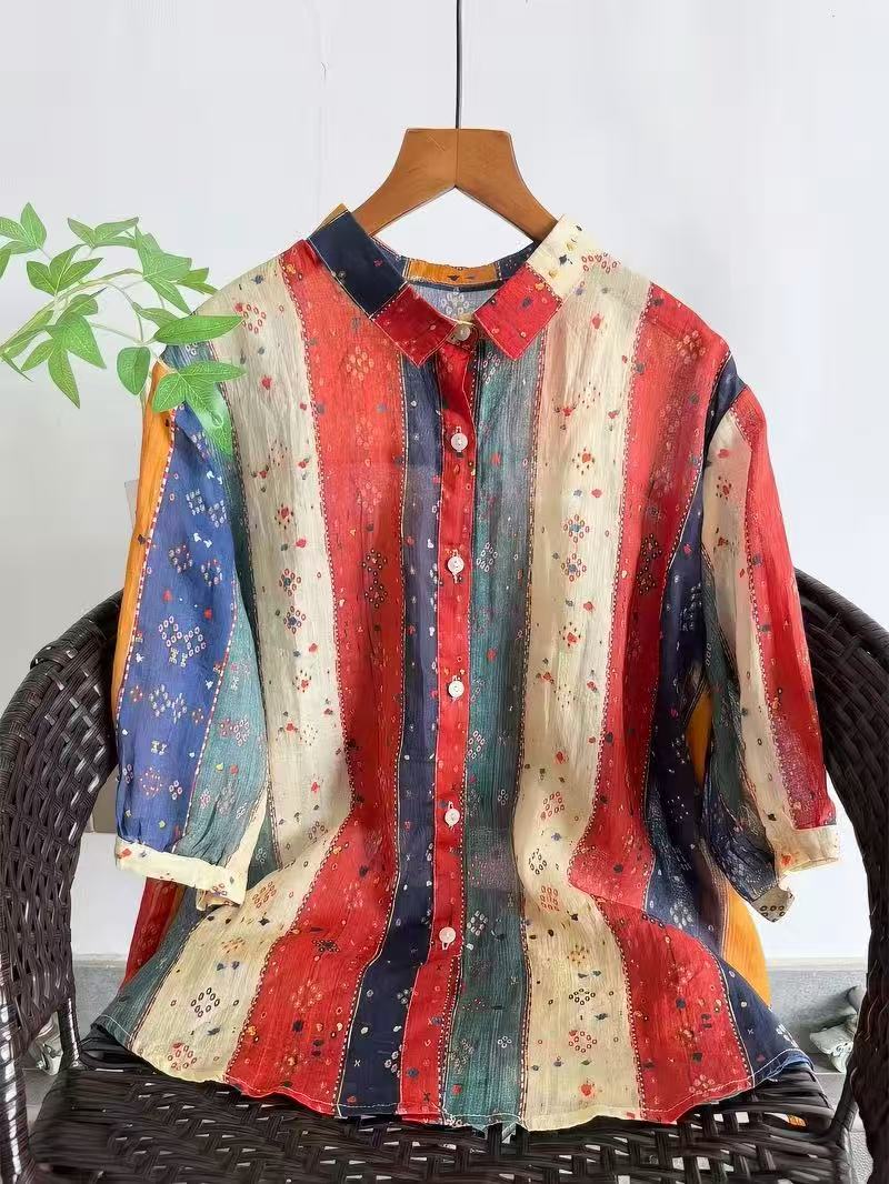 Japan Summer Clothing Women - Bohemian %100 Rami Kadın Gömlekleri ve