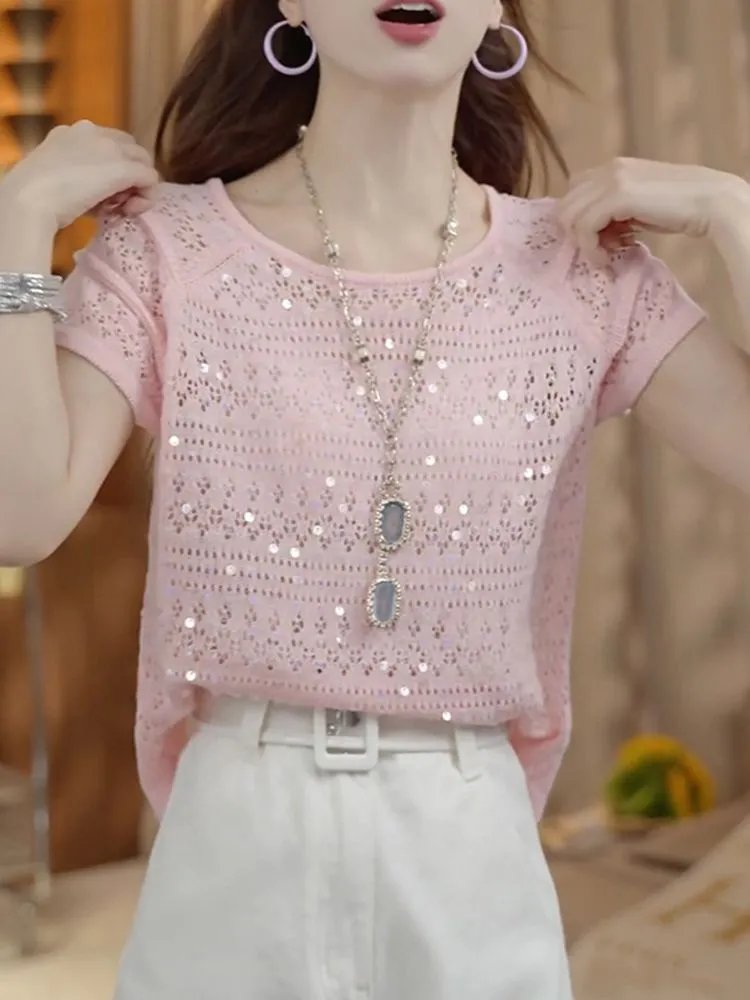 Summer Clothing Yarn - Trendy Pul Payetli Örme Kazak Kadın