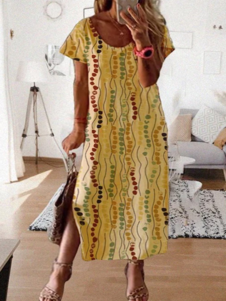 Summer Clothing For Older Women - Büyük Beden Sarı Baskılı Midi Elbise,