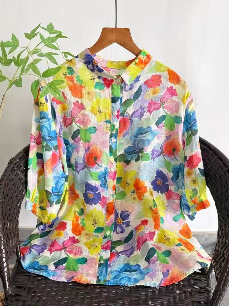 Japan Summer Clothing Women - 2026 Saf Rami Baskılı Gömlek Kadın
