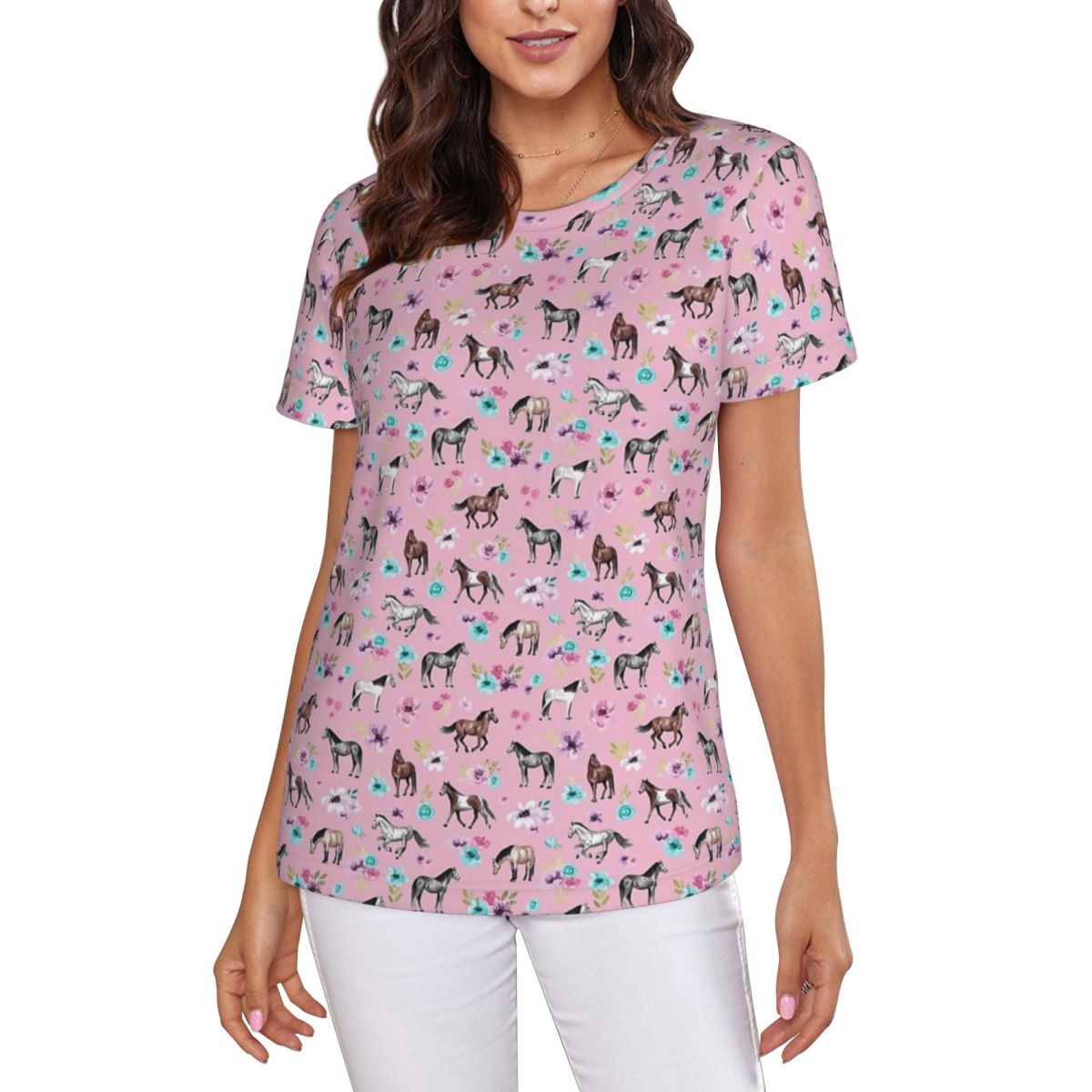 Pembe Üzerinde Atlar Ve Çiçekl - Summer Equestrian Clothing incelemesi ve fiyatı
